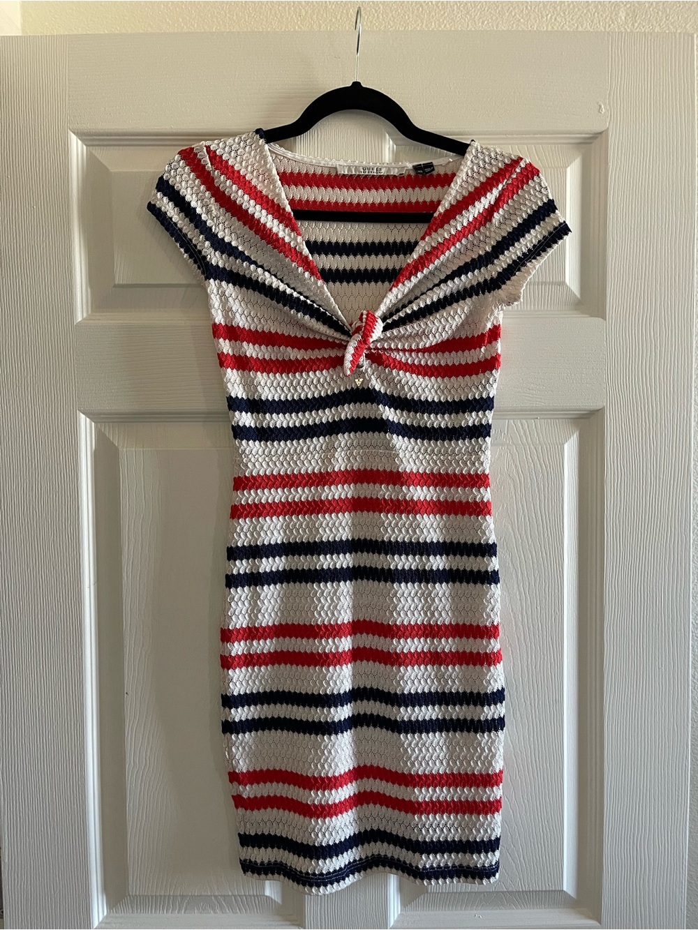 Guess Striped Knot-Front Mini Dress in White, Red & Navy